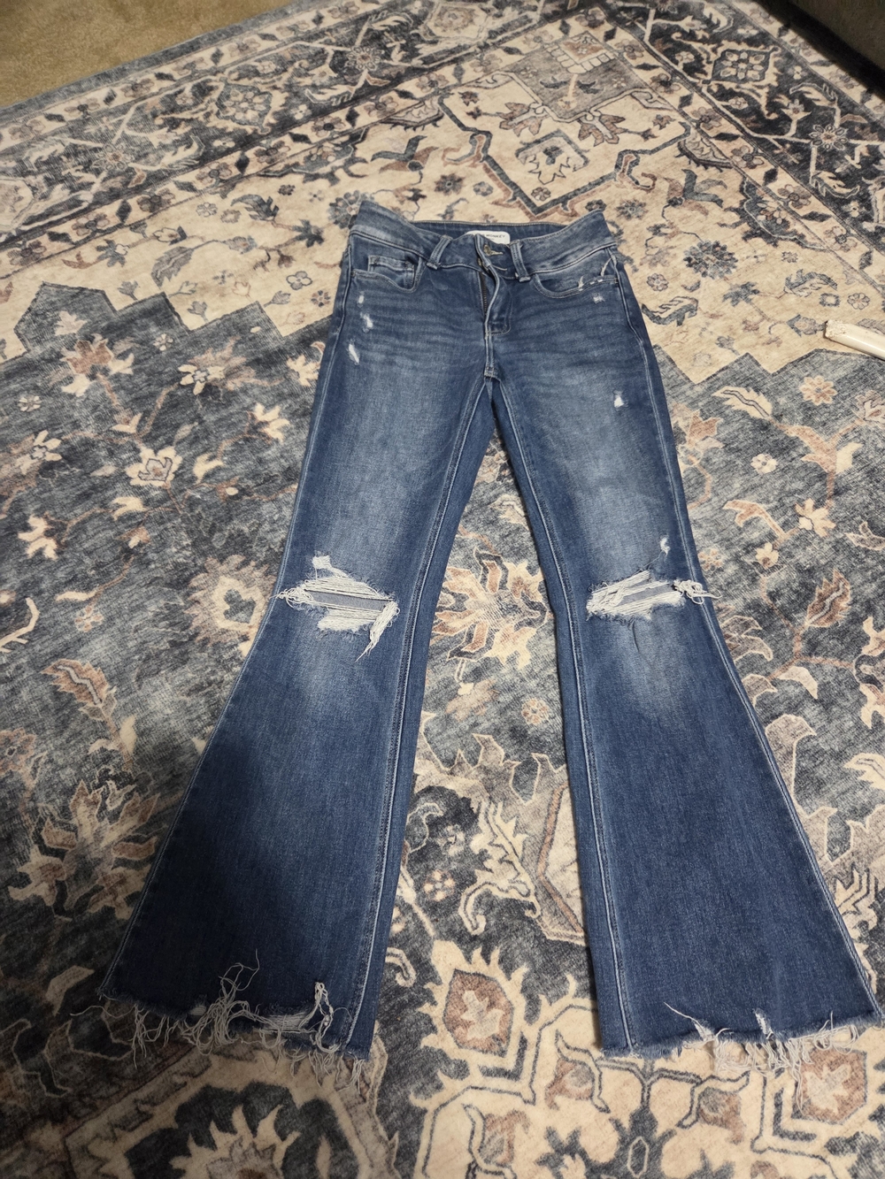 Flying Monkey Distressed Medium Blue High Rise Flared Jeans